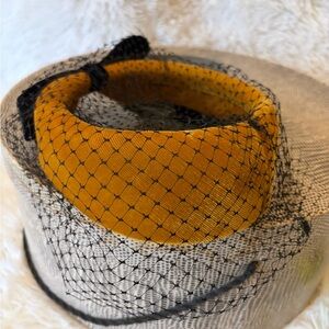 Vintage Pillbox Hat Birdcage Veil mustard yellow Mid Century Fascinator